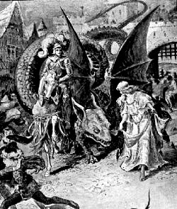 Leyenda de San Jorge. La doncella lleva humillado al dragón hasta la ciudad.